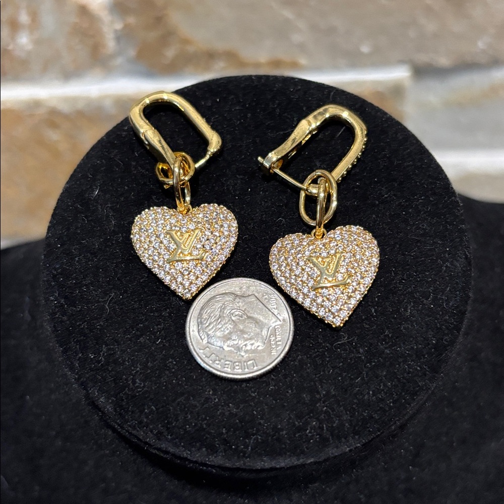 Gold LV Heart Earrings with Crystal Accents - Picture 6 of 6